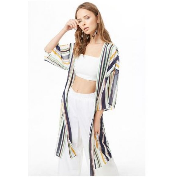 Multicolor Striped Chiffon Kimono Cover Up Size S Forever 21 - Picture 1 of 10